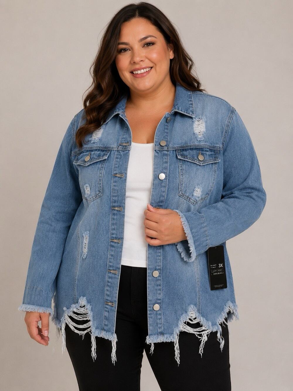 American Bazi Women 3X Distressed Denim Jacket Light Wash Oversized Frayed NWT